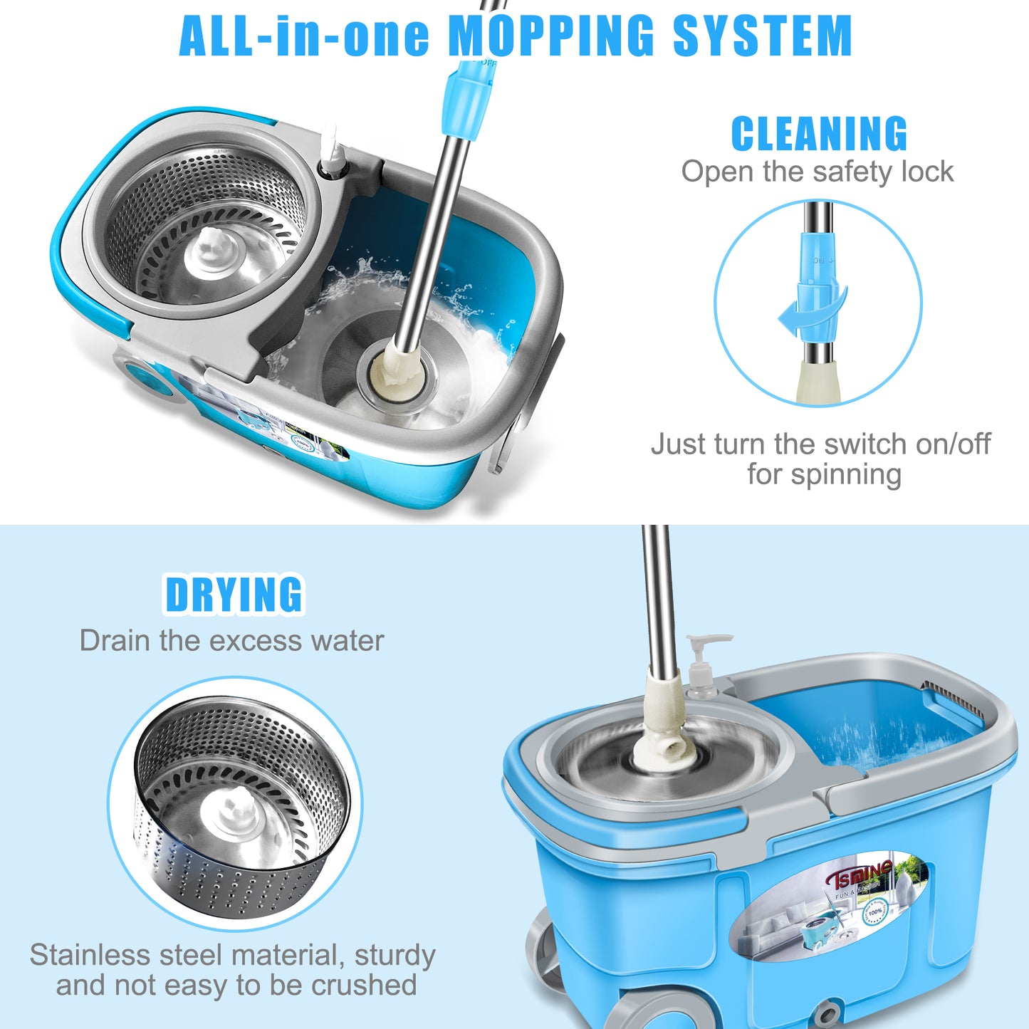 FunClean Spin Mop Bucket System | 61 inch Extended Handle | 6 Replacement Refills