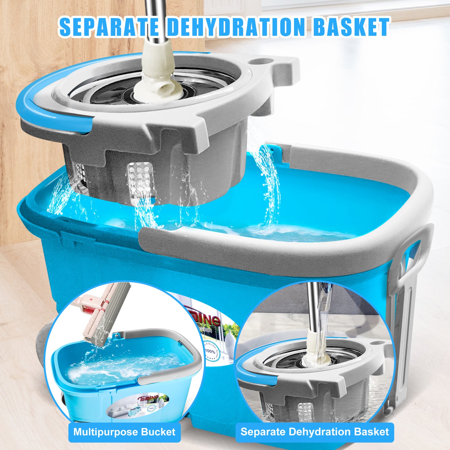 FunClean Spin Mop Bucket System | 61 inch Extended Handle | 6 Replacement Refills