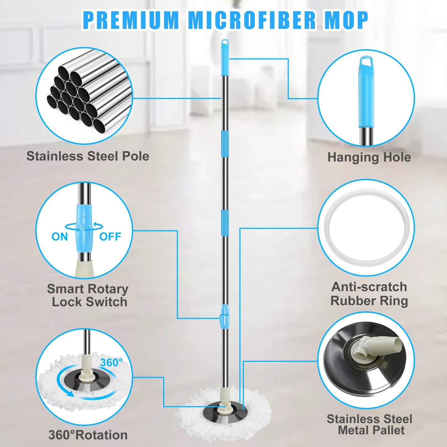 FunClean Spin Mop Bucket System | 61 inch Extended Handle | 6 Replacement Refills