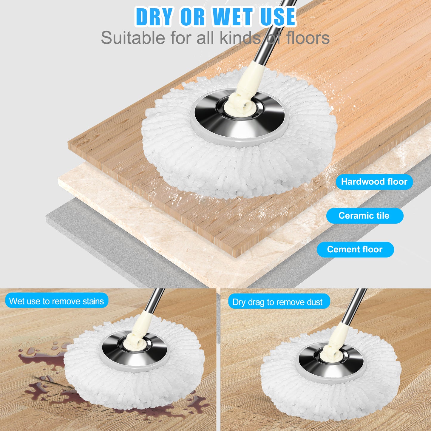 FunClean Spin Mop Bucket System | 61 inch Extended Handle | 6 Replacement Refills