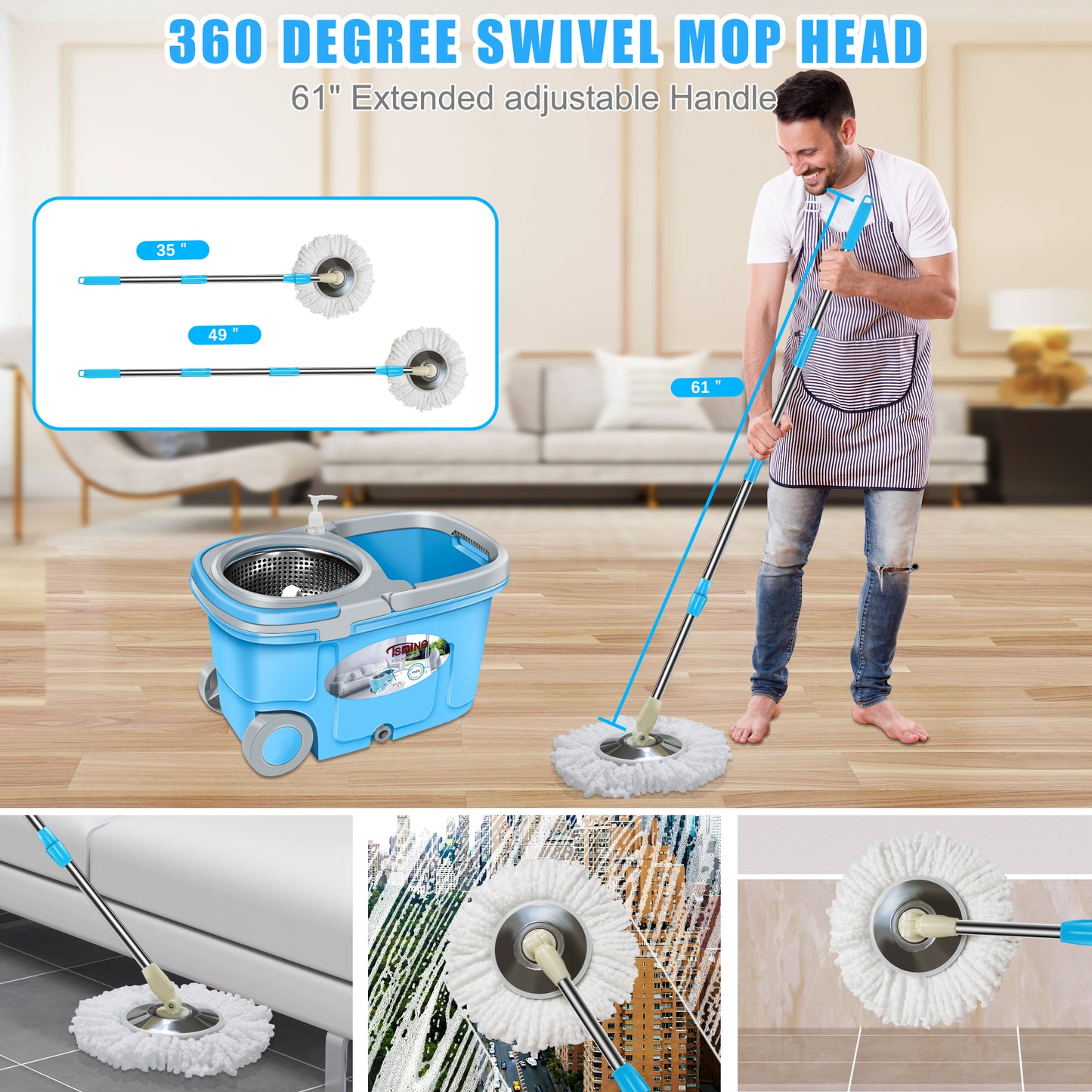 FunClean Spin Mop Bucket System | 61 inch Extended Handle | 6 Replacement Refills