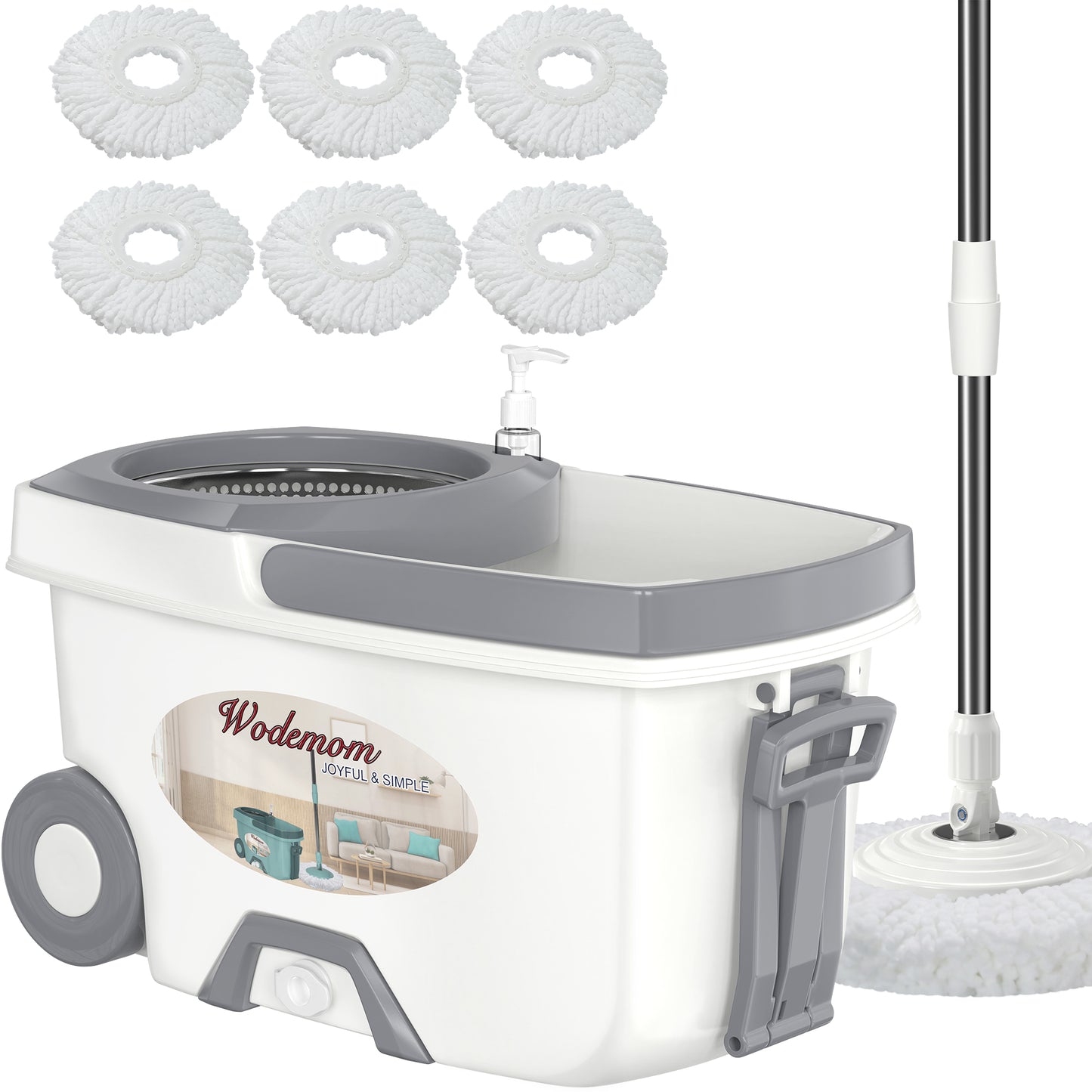 FunClean Spin Mop and Bucket System | 6 Replacement Mop Heads | 61" Extended Handle