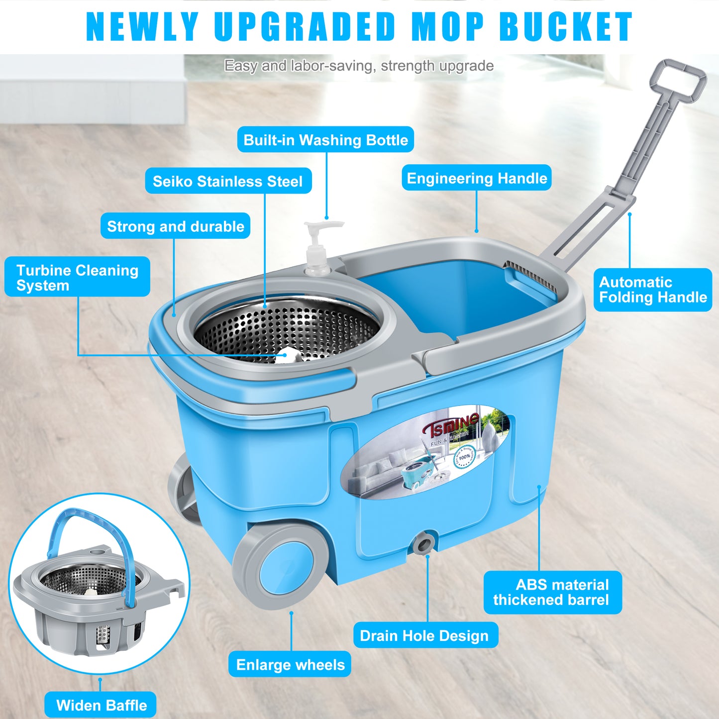 FunClean Spin Mop Bucket System | 61 inch Extended Handle | 6 Replacement Refills