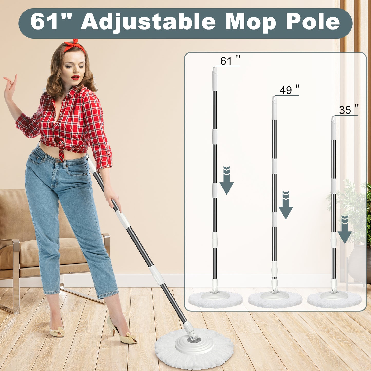FunClean Spin Mop and Bucket System | 6 Replacement Mop Heads | 61" Extended Handle