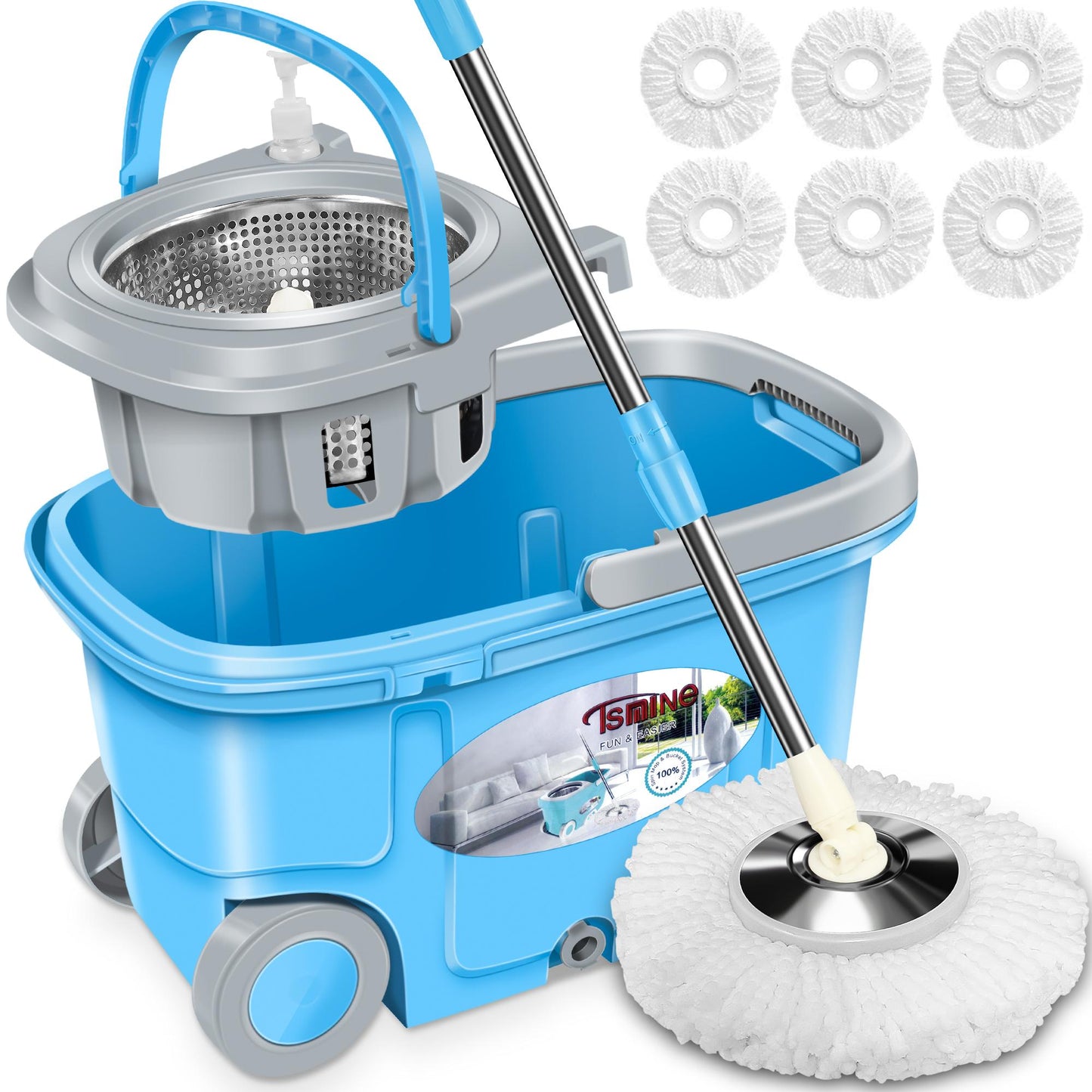 FunClean Spin Mop Bucket System | 61 inch Extended Handle | 6 Replacement Refills