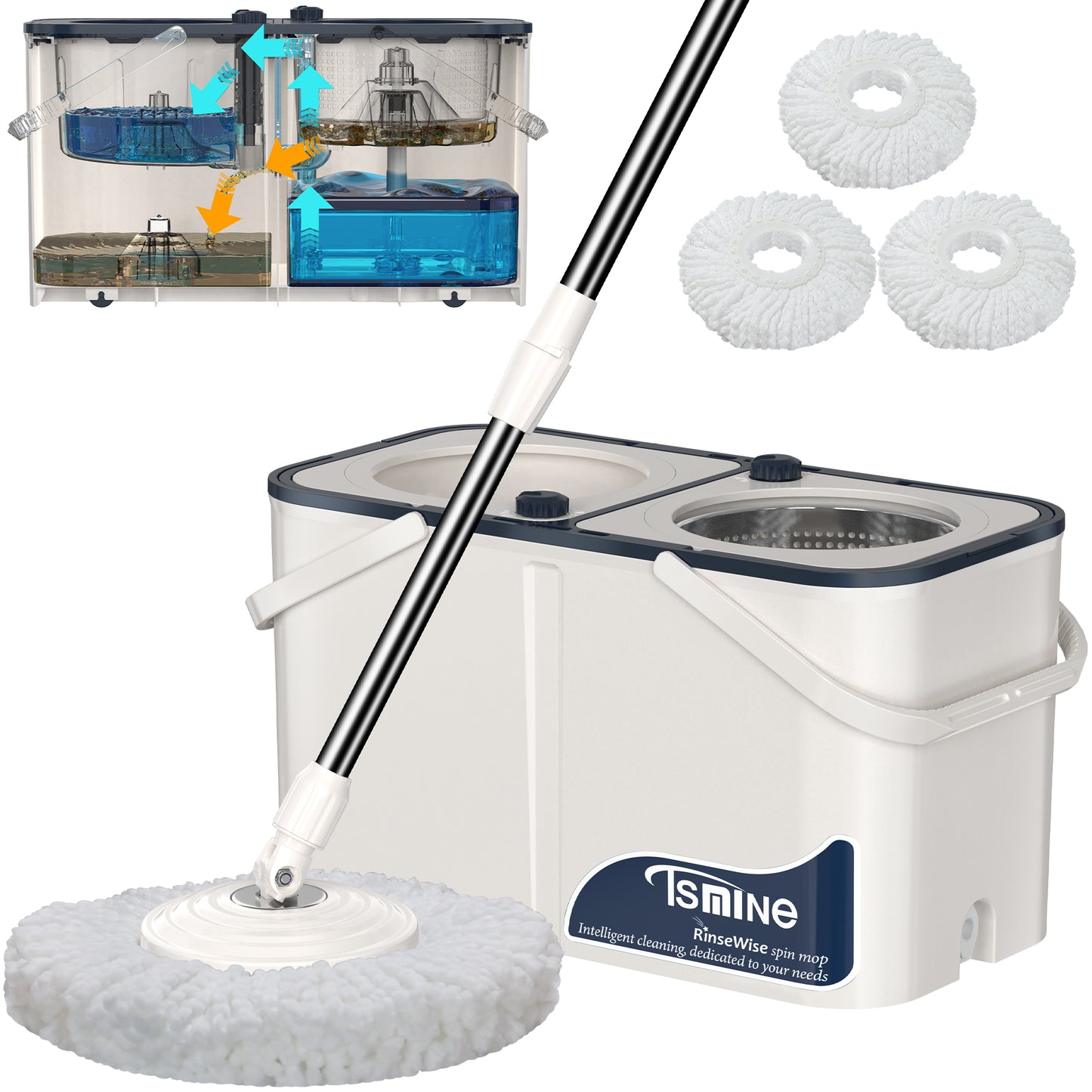 RinseWise Spin Mop Bukcet System | 4-Chamber & Wheels | Separate Clean and Dirty Water | Refills washable