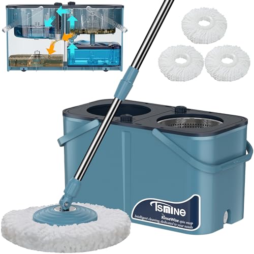 RinseWise Spin Mop Bukcet System | 4-Chamber & Wheels | Separate Clean and Dirty Water | Refills washable